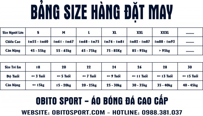 Bảng size giành cho áo bóng đá Hà Nội 01
