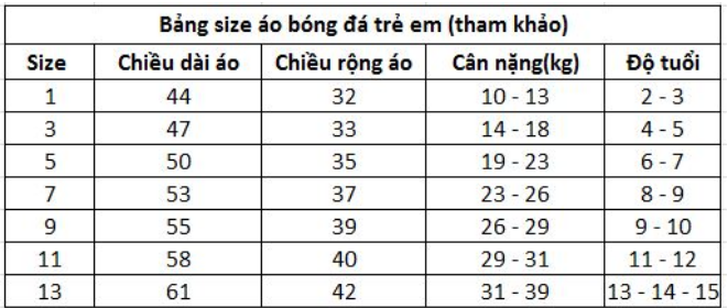 Bảng size áo bóng đá trẻ em tai Obito Sport