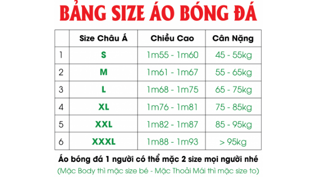 bảng size áo bóng đá giành cho nam tại Obito Sport