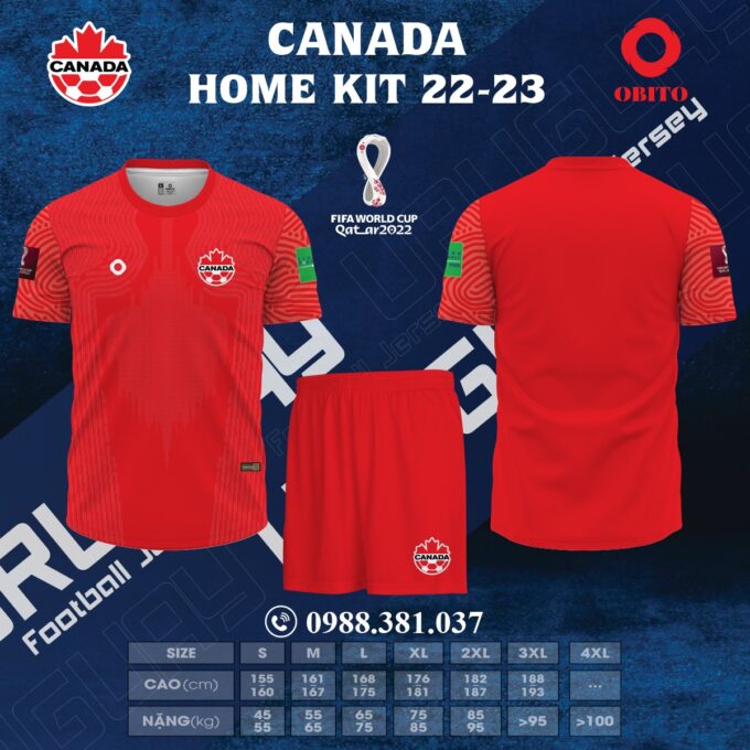 Mẫu áo đội tuyển Canada sân nhà World Cup 2022 được lấy gam màu đỏ làm gam màu chính. Và quần short đi kèm. Mục đích tạo hiệu ứng đồng nhất thu hút mọi ánh nhìn. Đặc biệt, trên thân áo trước và sau được in chìm một bản họa tiết mặt lưới ẩn hiện cuốn hút.