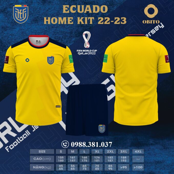 Mẫu Áo Đội Tuyển Ecuado Sân Nhà World Cup 2022-2023 Đẹp Nhất. Bởi vì nó được kết hợp giữa hai gam màu sắc đó là vàng và tím than vô cùng ấn tượng. Sự kết hợp này được bố trí ở phần hai vai áo đầy độc lạ. Cụ thể hơn, màu vàng được lựa chọn sử dụng làm gam màu chủ đạo cho chiếc áo. Và ngoài ra, chiếc áo còn được sử dụng in chìm các họa tiết trìu tượng ở toàn thân áo.