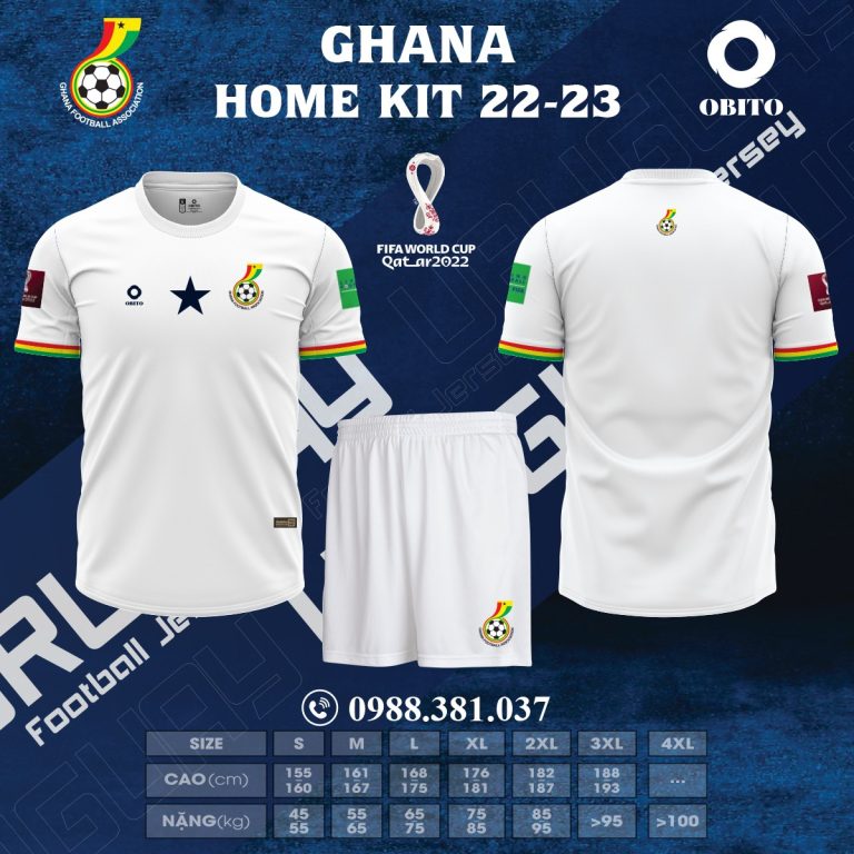 Mẫu áo đôi tuyển Ghana sân nhà World Cup 2022 giá rẻ mang đến sự mới mẻ, trẻ trung cùng tính bí ẩn trên tông nền màu trắng sang trọng và sạch sẽ. Hơn nữa, cổ áo được may theo from cổ áo tròn, ống tay bo chun xen kẽ gam màu đỏ, vàng và xanh nổi bật trên tông màu trắng.