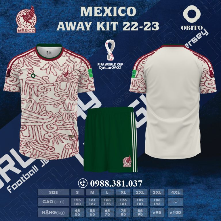 Mẫu áo đội tuyển Mexico sân khách World Cup 2022 đẹp nhất đã lựa chọn lấy gam màu trắng làm gam màu chủ đạo chính cho chiếc áo. Và đồng thời đã thể hiện sự mạnh mẽ đầy nam tính và cuốn hút khi mặc chiếc áo này lên mình. Sáng tạo trên chiếc áo đấu đó là có các họa tiết trìu tượng được bố trí toàn mặt trước thân áo và sau hai ống tay áo. Nó có gam màu đỏ, không dừng lại ở đó, mẫu áo còn được thiết kế với from cổ tròn có màu đỏ và màu xanh két. Chúng đã tạo sự cân đối và hài hòa các chi tiết trên chiếc áo đấu.