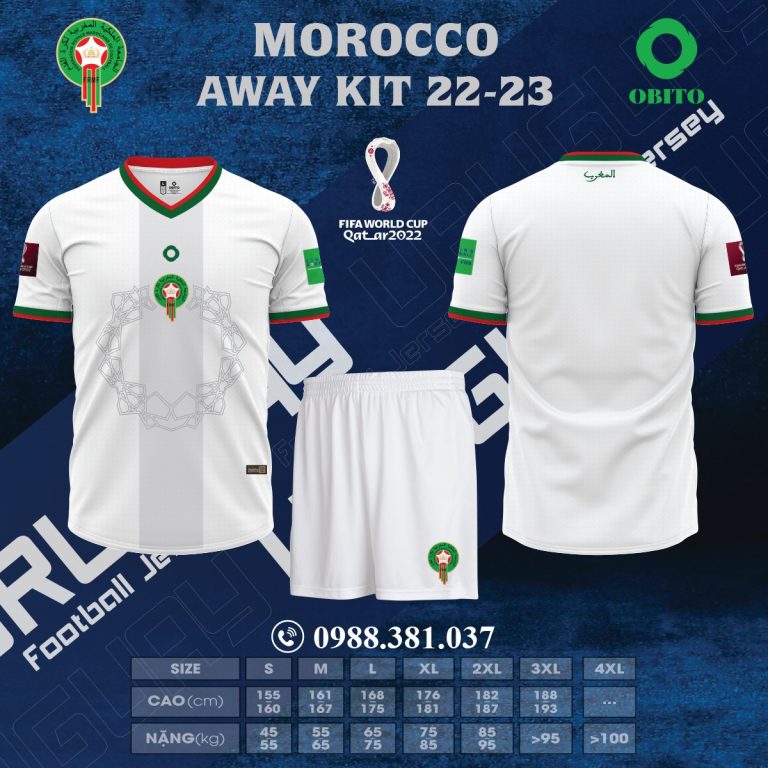 Quần Áo Bóng Đá Đội Tuyển Morocco Sân Khách World Cup 2022-2023 Màu Trắng. Theo đó, màu trắng được chọn làm gam màu chính cho chiếc áo đấu, bao gồm cả mặt trước và mặt sau của áo đấu. Màu sắc này mang đến sự tươi mới, trẻ trung và năng động cho người mặc. rong khi đó, trên áo đấu còn được điểm bằng dải spjc xám trắng chính giữa tà áo trước chạy từ cổ áo xuống đuôi áo.