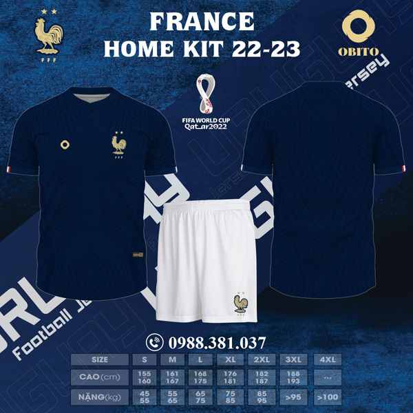 Hình ảnh Mẫu áo đội tuyển Pháp sân nhà World Cup 2022. Màu xanh bích đậm bắt mắt phù hợp với người cá tính và đam mê môn thể thao vua.