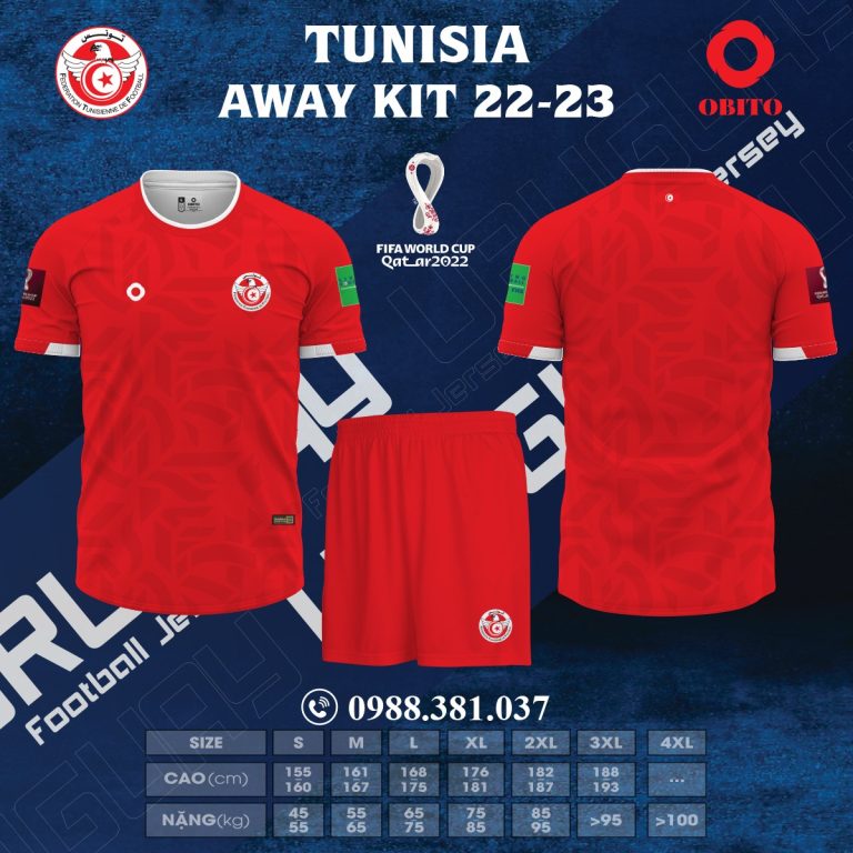 Mẫu Áo Đội Tuyển Tunisia Sân Khách World Cup 2022 Đẹp. chúng ta sẽ thấy sự xuất hiện màu đỏ làm gam màu chủ đạo. Màu sắc này áp dụng cho mặt trước và mặt sau của áo. Còn chiếc quần short đi kèm sẽ là cùng gam màu chủ đạo. Sự phổi hợp của gam màu này mang đến sự khỏe khoắn và nét đẹp cần có để hoàn thiện cho bộ trang phục áo đấu.