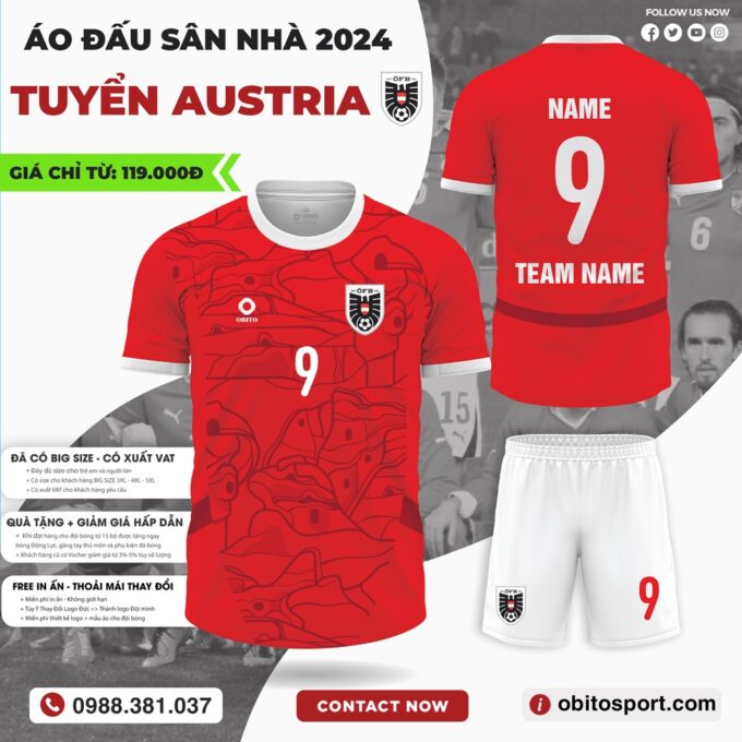 Áo Đấu Đội Tuyển AUSTRIA Sân Nhà EURO 2024 Màu Đỏ