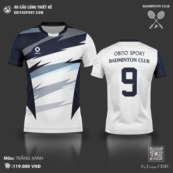 Áo Cầu Lông OBITO Trắng Xanh Navy – Thoáng Mát, Co Giãn Tuyệt Vời